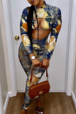 Blue Sexy Print Split Joint Half A Turtleneck Long Sleeve Two Pieces