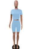 Sky Blue Fashion Sexy adult Ma'am Patchwork Solid Two Piece Suits pencil Short Sleeve Two Pieces