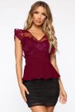 Wine Red Polyester V Neck Sleeveless Embroidery Solid Mesh Patchwork