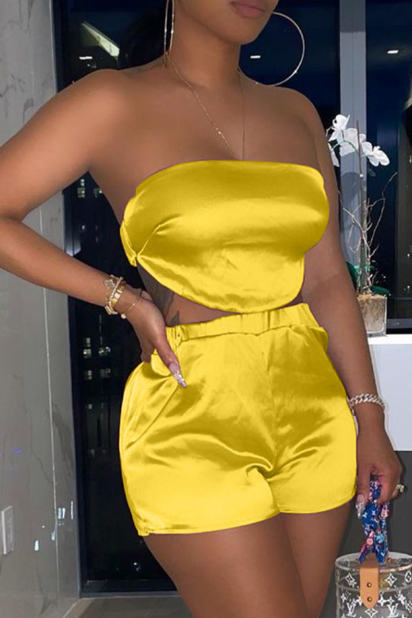 Yellow Sexy Solid Patchwork Strapless Sleeveless Two Pieces