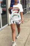 White Fashion Casual Print Basic O Neck Short Sleeve Two Pieces