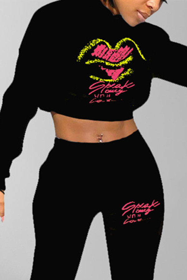 Black Fashion Casual Print Basic Hooded Collar Mid Waist Tops