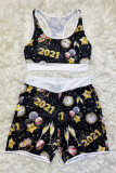 Black Casual Living Print Vests U Neck Sleeveless Two Pieces