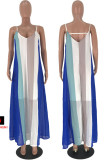 Blue Spaghetti Strap Sleeveless Slip Straight Floor-Length Striped Print Dresses