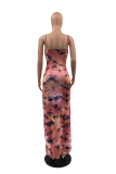 Pink Sexy Print Patchwork High Opening V Neck Irregular Dress Dresses