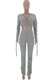 Grey Fashion Sexy adult Ma'am Patchwork Solid Two Piece Suits pencil Long Sleeve Two Pieces