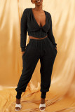 Black Fashion Casual Solid Split Joint V Neck Long Sleeve Two Pieces