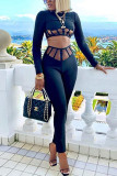 Black Fashion Sexy Patchwork Solid See-through O Neck Long Sleeve Two Pieces