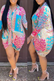 Multicolor Fashion Casual Print Asymmetrical Turndown Collar Shirt Dress