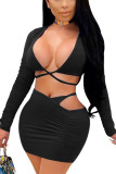 Black Sexy Solid Patchwork V Neck Short Two Pieces