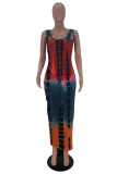Burgundy Sexy Casual Tie Dye Printing U Neck Vest Dress