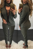 Wine Red Sexy Casual Patchwork Hollowed Out V Neck Long Sleeve Two Pieces