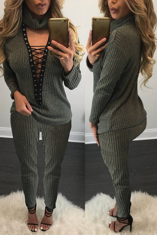 Black Green Sexy Casual Patchwork Hollowed Out V Neck Long Sleeve Two Pieces