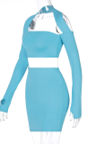 Blue Casual Solid Split Joint Half A Turtleneck Long Sleeve Two Pieces