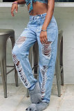 Light Blue Denim Button Fly Mid Patchwork Solid Hole washing Old Loose Pants Bottoms
