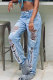 Light Blue Denim Button Fly Mid Patchwork Solid Hole washing Old Loose Pants Bottoms