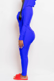 Blue Casual Living Solid Basic Hooded Collar Skinny Jumpsuits