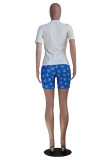 Blue Fashion Casual Print Basic O Neck Short Sleeve Two Pieces