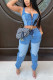Blue Casual Print pencil Sleeveless Two Pieces