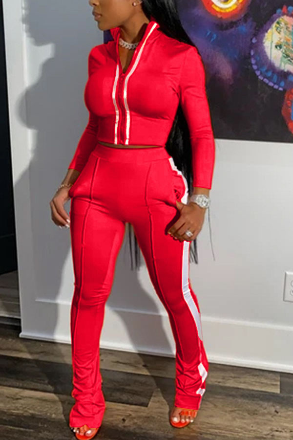 Red Fashion Casual adult Ma'am Patchwork Solid Two Piece Suits Boot Cut Long Sleeve Two Pieces