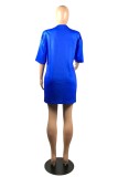 Blue Fashion Casual Print Basic O Neck Short Sleeve T-shirt Dress