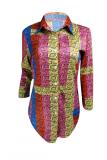 multicolor Notched Long Sleeve Print Patchwork Blouses & Shirts