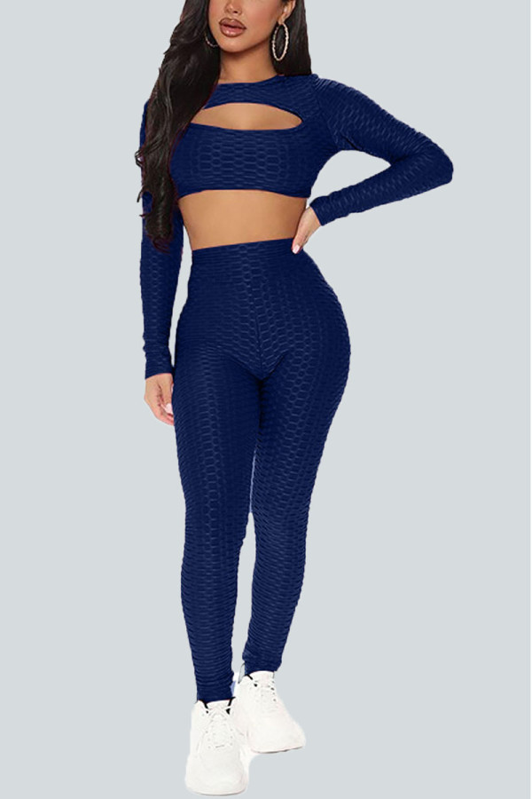 Blue Sexy Solid Hollowed Out O Neck Long Sleeve Two Pieces