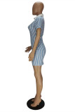 Sky Blue Fashion Casual Striped Print Basic V Neck Short Sleeve Dress