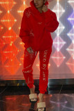 Red Street Sportswear Print Hooded Collar Long Sleeve Two Pieces