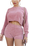 Pink Fashion Daily Adult Solid Pullovers O Neck Long Sleeve Cap Sleeve Short Two Pieces