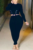 Black Fashion Casual Adult Solid Bandage O Neck Long Sleeve Regular Sleeve Short Two Pieces