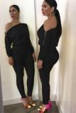 Black Casual zipper Solid Polyester Long Sleeve one word collar Jumpsuits