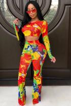 multicolor Polyester adult Fashion Casual crop top Two Piece Suits Print Loose Long Sleeve Two-piece Pants Set