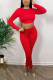 Red Casual Solid Fold O Neck Long Sleeve Two Pieces