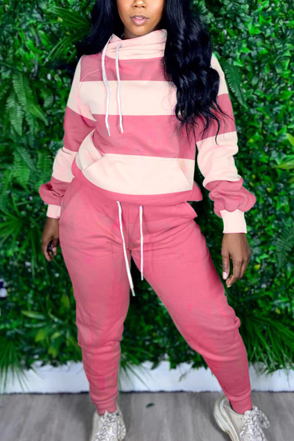 Pink Sportswear Striped Patchwork Hooded Collar Long Sleeve Two Pieces