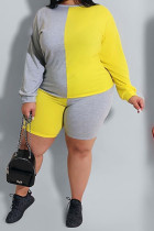 Yellow Polyester Casual O Neck Patchwork Solid Stitching Plus Size