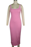 Pink Fashion Sexy adult Ma'am Red Black Pink Royal blue Tank Sleeveless Slip Step Skirt Ankle-Length Solid Dresses