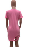 Pink Sexy Short Sleeves O neck Asymmetrical Mini hole Solid hollow out asymmetrical Dresses
