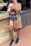 Multicolor Fashion Casual Letter Print Basic O Neck Short Sleeve Dress