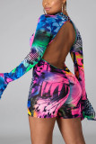 Multi-color Fashion street Print Backless Long Sleeve O Neck Jumpsuits