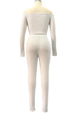 White Fashion Sexy Adult Polyester Solid Split Joint Bateau Neck Long Sleeve Regular Sleeve Short Two Pieces
