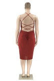 Rust Red Sexy Plus Size Solid Hollowed Out Backless V Neck Sleeveless Dress
