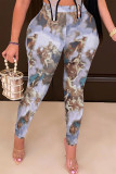 Grey Sexy Print Regular Mid Waist Pencil Bottoms