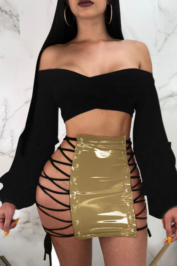 Gold Sexy Solid Frenulum Skinny Mid Waist Type A Solid Color Bottoms