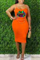 Orange Cotton Fashion Sexy adult Ma'am Orange Yellow watermelon red Off The Shoulder Sleeveless Slip A-Line Knee-Length Print Character lip Dresses
