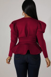 Wine Red cardigan Solid ruffle Patchwork Polyester Pure Long Sleeve