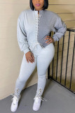 Grey Fashion Casual Patchwork Solid Strap Design O Neck Long Sleeve Two Pieces