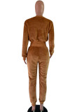 Brown Polyester Casual Two Piece Suits Patchwork pencil Long Sleeve Two-piece Pants Set