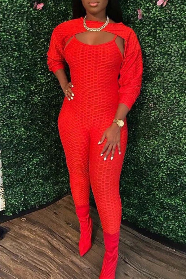 Red Fashion Casual Solid Hollowed Out O Neck Long Sleeve Two Pieces