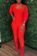Red Fashion Casual Solid Hollowed Out O Neck Long Sleeve Two Pieces